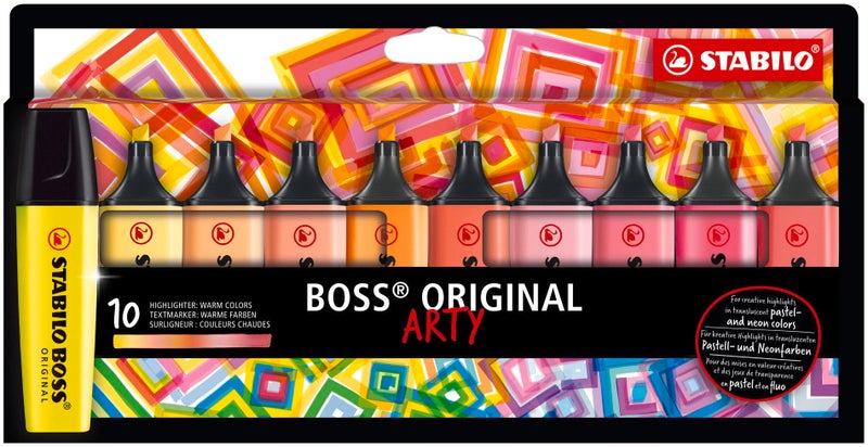 ستابيلو هايلايتر STABILO BOSS الأصلي - ARTY - عبوة من 10 - ألوان دافئة، طرف مشطوف، تقنية مضادة للجفاف - Image 1